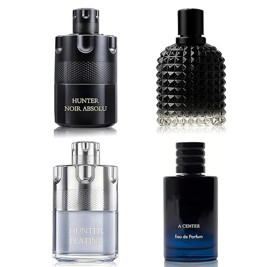 A CENTER Men's Cologne Include 4 Variety Pack Perfume Gift Set- 3.4 Fl Oz Each Eau De Parfume Tobacco,Musk,Woody,Masculine Scent Long Lasting Fragrance(MilanoMR&Salva&HunterNo&HunterPl)