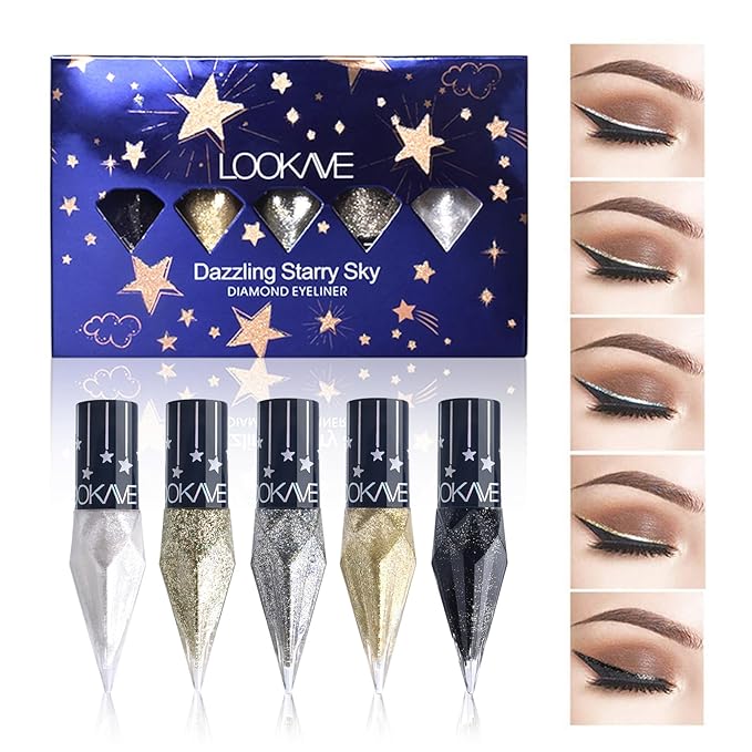 Glitter Liquid Eyeliner Colorful Set, 5 Colors Metallic Shimmer White Black Silver Gold Grey Eyeliner Waterproof Long Lasting Sparkle Glitter Liquid Eyeshadow Dazzling Valentines Eye Makeup for Women