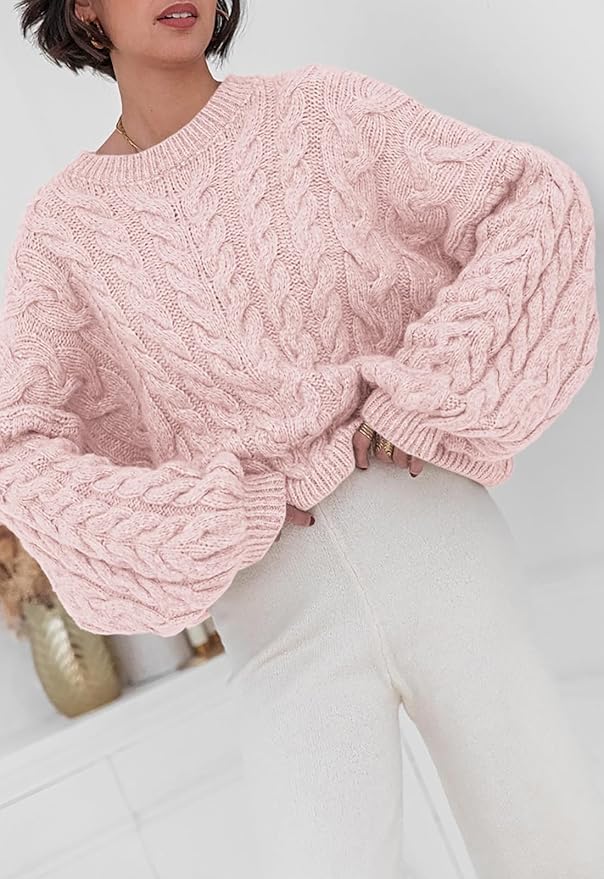 PRETTYGARDEN Womens Sweaters Spring 2026 Cable Knit Long Sleeve Crewneck Oversized Sweater Chunky Pullover Loose Outfits