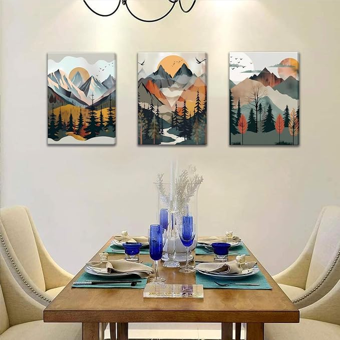 Mountain Canvas Wall Art Set of 3, Boho Sun Forest Abstract Nature Landscape Artwork Wall Decor, Watercolor Posters Prints Painting Picture Artwork for Living Room Bedroom Office 16x24 In Framed