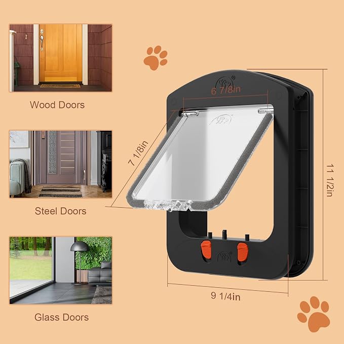 Smart Cat Door with Collar Sensor 2pcs 4 Way Locking Black | Pet Door for Interior Door and Exterior Door Cat Door with Magnetic Flap