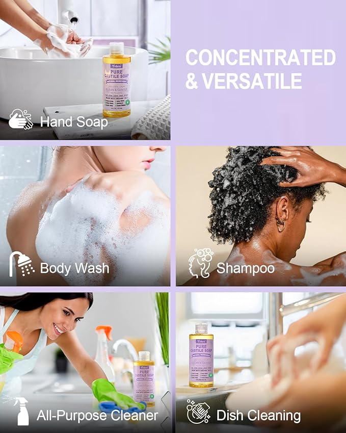 Yoken Pure Castile Soap Liquid Lavender 8 OZ, Made with Certified Organic Oils, Gentle Lavender Soap for Hands & Body Wash, Face, Dishes, Laundry & More - Vegan & Natural Ingredients Cleanser