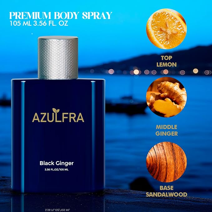 Azulfra Body Spray for Men, Mens Body Refreshing Spray, Notes of Lemon Ginger and Sandalwood, 3.56 Fl.Oz