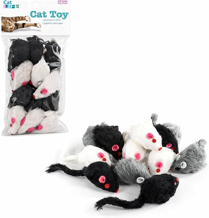 Penn-Plax Play Fur Mice Cat Toys, 12 Pack - Soft Polyester with Rattling Sound for Interactive Play, Exercise & Hunting - Lightweight Cat Toy Set for All Ages & Breeds - Black, White & Gray - 2 Inches