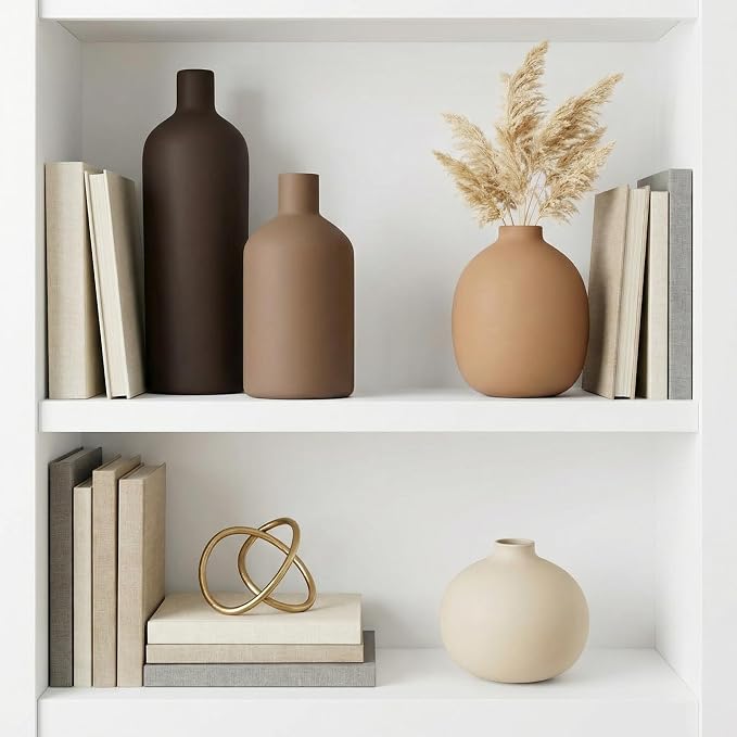 Ceramic Vase Set of 4, Decorative Neutral Modern Flower Vases for Home Decor, Living Room, Shelf Decor, Bookshelf, Kitchen, Centerpiece, Table, Bedroom, Office, Farmhouse