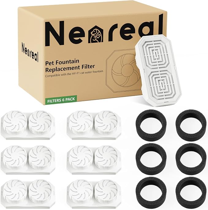 Neareal Official 6-Pack Replacement Filter Set for 108oz Cat Fountain | Includes 6 Replacement Filters & 6 Pre-Filter Sponges for 108oz/3.2L Stainless Steel Pet Water Fountain