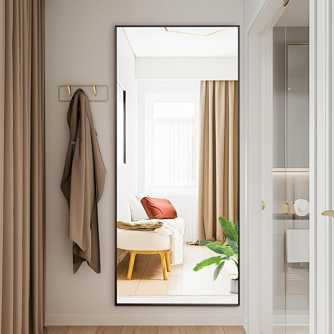DUMOS 21"x56" Full Length Mirror with Stand, Full Body Floor Mirror | Free Standing or Wall Mount, Nano Glass Aluminum Frame, Hanging or Leaning, Modern Simple Home Decor, Black