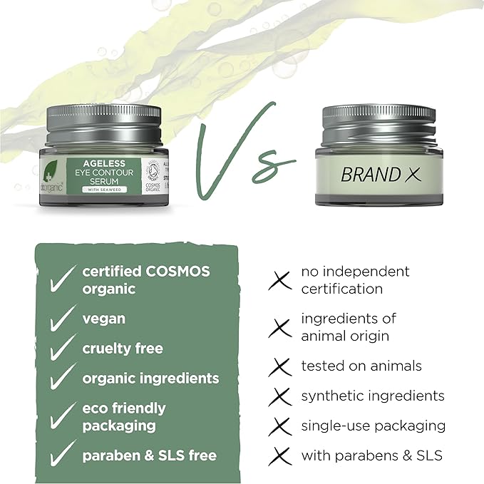 Dr. Organic Ageless Eye Contour Serum with Seaweed | Smoothing and Firming, Targets Fine Lines, Fragrence Free, Certified Organic, Paraben & SLS-free, 15 mL / .5 fl oz