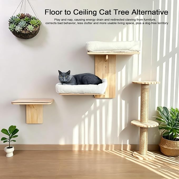 Cat Wall Shelves with Cat Bed 2 in 1 Furniture with Soft Cushion Perch & Pet Cooling Mat 2 Platform Climbing Wall Systems Tree Tower for Indoor Cats Rubber Wood Corner Floating Shelf