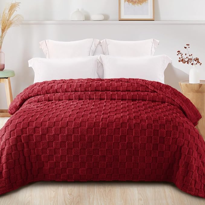 Exclusivo Mezcla 3D Checkered Fleece Twin Blanket for Bed, Burgundy | Super Soft and Cozy Fluffy Bed Blanket, Cute Fuzzy Blanket for Teens Back to School, Dorm Essentials, All Season, 60"x80"