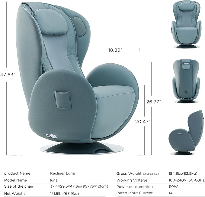 Nouhaus Luna Heated Massage Chair,Full Body Massaging Zero-Gravity Leisure Recliner with Low-Noise 3D Massage and Dual Sound Systems Modern Massage Chairs (Aqua Blue)
