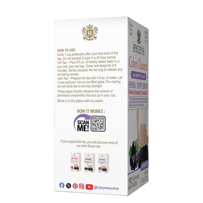 HYLEYS Colon Cleanse Tea, Acai Berry Flavor - 25 Individually Wrapped Herbal Tea Bags - Caffeine Free, Gluten Free