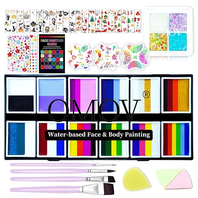 48 Colors Face Painting Kit for Kids & Adults, Non-Toxic Water Based Face Paint Palette with12 Rainbow Split Cakes +4 Sequins Gels, Includes Brush,Stencils,Glow Stickers Halloween Christmas Body Paint