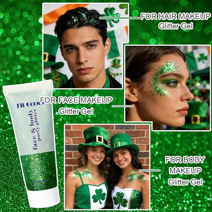 Green Face Body Hair Glitter Gel for Women and Kids, Monochrome Holographic Mermaid Sequins Chunky Glitter Paint Makeup for Mardi Gras Halloween Festival Rave Outfits Accessories, 1.7oz, #09