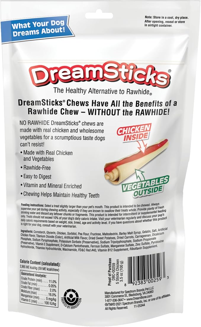 DreamBone DreamSticks Rawhide-Free Dog Treats With Real Protein, 5 Count | Daily Chew, Digests Safely and Completely, Made With Real Chicken and Veggies, For Adult Dogs