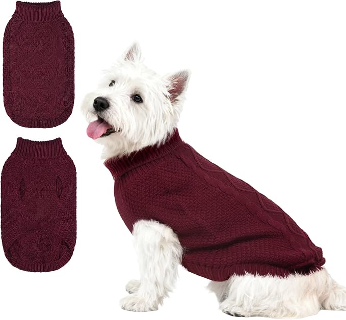 Mihachi Turtleneck Dog Sweater - Winter Coat Apparel Classic Cable Knit Clothes with Leash Hole for Cold Weather, Ideal Gift for Pet in New Year Wine Red SM