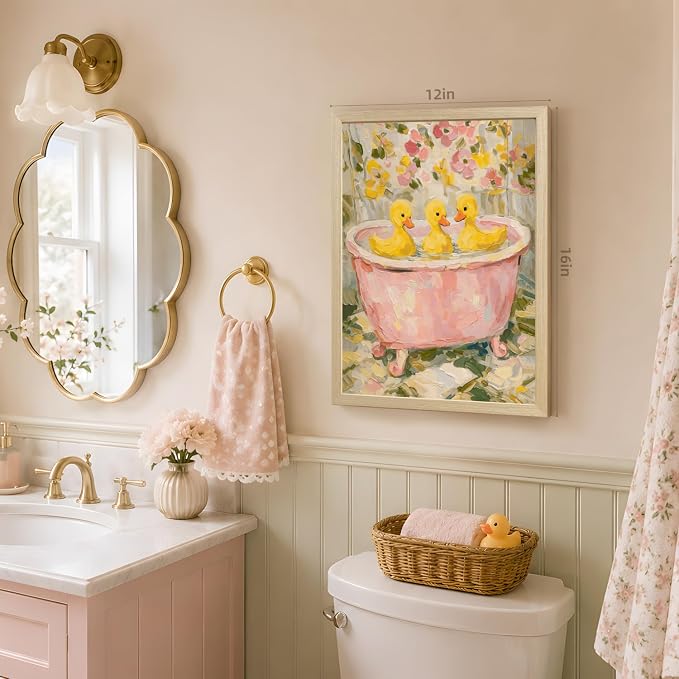 VziizV Cute Duck Bathroom Wall Art, Vintage Pink Bathtub Ducklings Decor, Cottagecore Farmhouse Floral Canvas Print, Whimsical Animal Bathroom Artwork for Nursery Kids Room Wood Framed 12x16 Inch