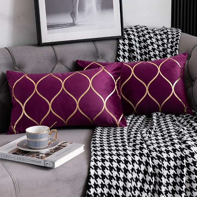 Gold Velvet Throw Pillow Covers Purple: 2 Pack 12x20 Inch Rectangular Decorative Pillow Cases for Bedroom Sofa Couch Living Room