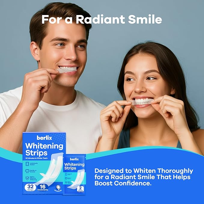 Berlix Teeth Whitening Strips (16 Treatments, 32 Count), Enamel Safe for Teeth Whitener, Whitening Strips with Coconut Oil, Formulated to Be Gentle & Non Slip and Quick-Dry, Stains Removal