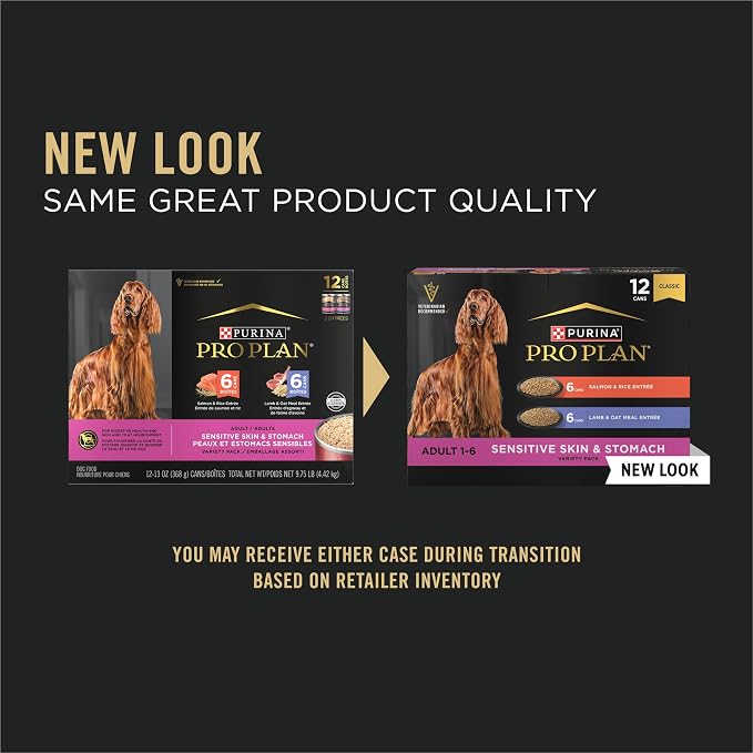 Purina Pro Plan Sensitive Skin & Stomach Wet Dog Food Variety, (12) 13 oz | Classic Pate Salmon & Rice Entree and Lamb & Oat Meal Entree Variety Pack, digestible dog food with natural prebiotic fiber