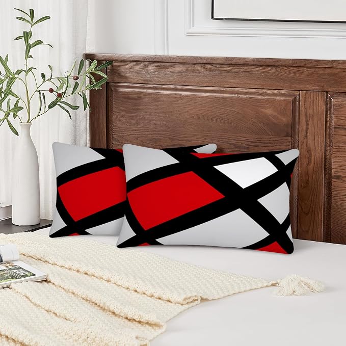 Modern Art Geometric Pillow Cover, Decorative Throw Pillow Covers Red Black Abstract Artwork Cushion Cover for Bedroom Sofa Living Room 12 x 20 Inch Set of 2