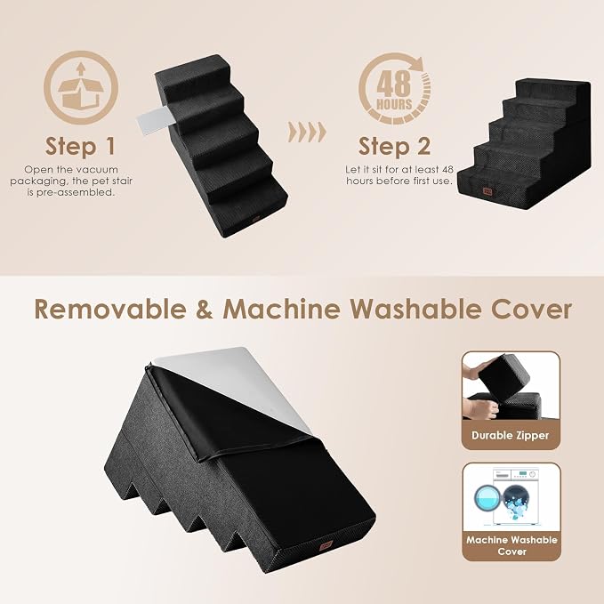 EHEYCIGA Dog Stairs for High Bed 25" H, Extra Wide Dog 5-Step, Black | Pet Steps for Small Dogs and Cats for Bed, Non-Slip Balanced Pet Ramp Indoor