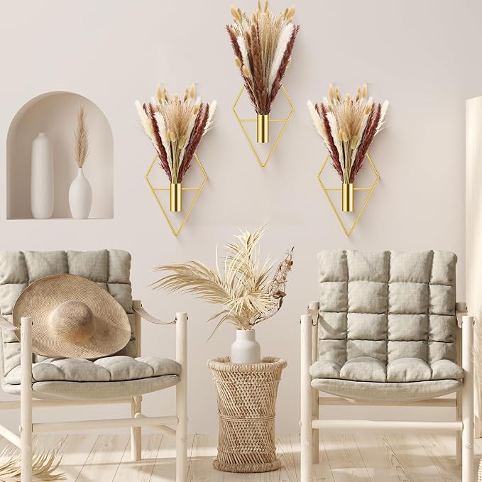 Hanaive 4 Sets Boho Wall Decor Metal Wall Art Hanging Planters with Artificial Pampas Display Modern Home Vase for Bedroom Home Office(Mixed,White，Brown)