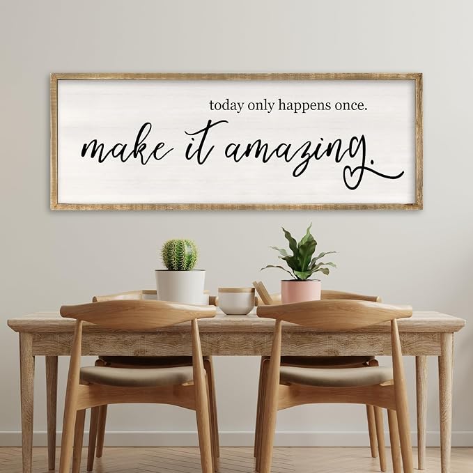 RLWangChao Today Only Happens Once Make It Amazing Wall Art 32"X12" Wood | Large Inspirational Quote Sign Rustic Living Room, Vintage Wood Frame, Office Motivational Home Wall Hanging Decor