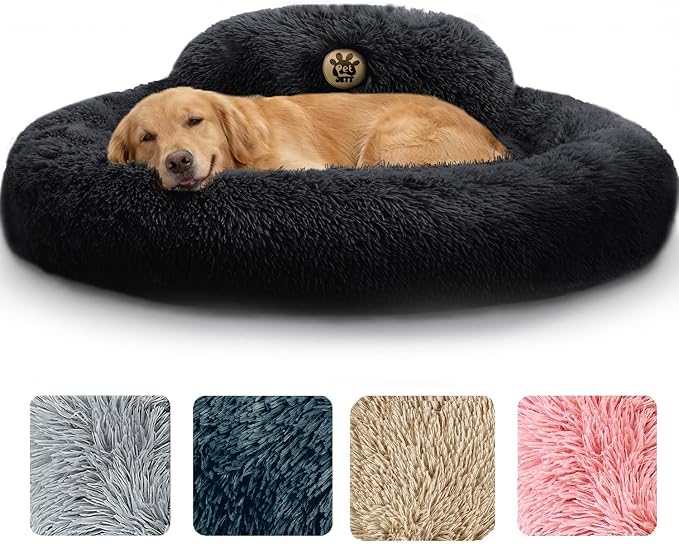 PetJett XL Dog Beds for Large Sized Dog - 45'' Extra Large Dog Bed, Anti-Slip & Washable Super Soft Round Donut Bed, Fluffy Faux Fur Anti-Anxiety Premium Comfort Pet Bed, Fits Dogs up to 120 lbs