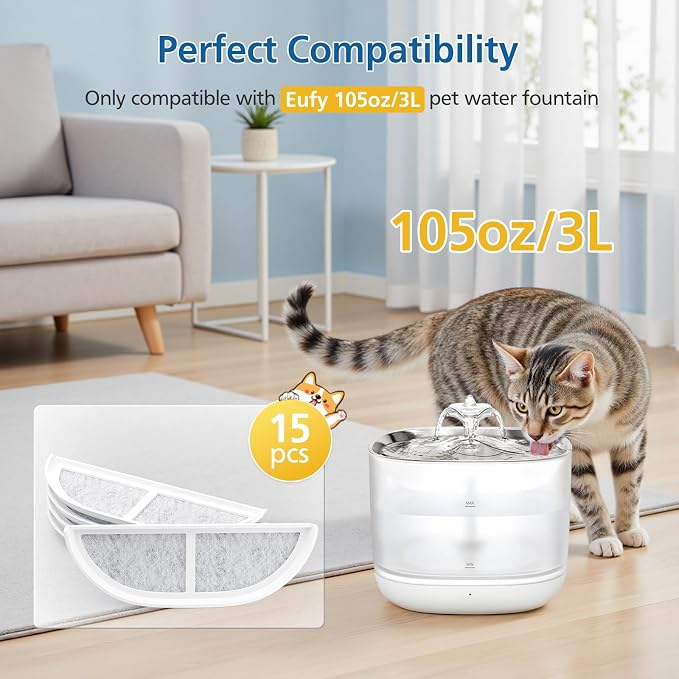 15-Pack Cat Water Fountain Filters for eufy Pet Fountain 3L/105oz | Pet Water Fountain Filter with Triple Filtration System for Cats and Dogs