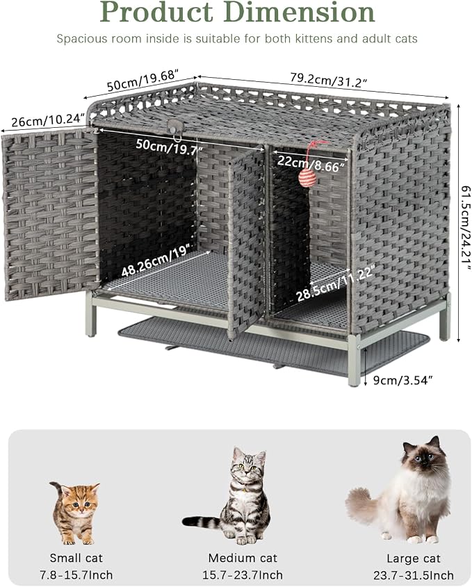 SETVSON Cat Litter Box Enclosure Furniture with Divider, Cat Cabinet,Gray | Handwoven PE Rattan with Soft Mat, 3.54-In Heightened Metal Feet, 2 S-Hooks, 31.2 x 19.6 x 24.2 Inches Spacious Cat Furniture