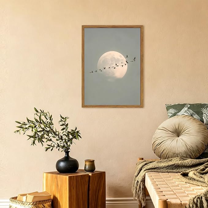 Framed Vintage Bird Wall Art, Minimalist Moon Flying Birds Pictures Wall Decor, Japandi Nature Landscape Paintings Canvas Prints Neutral Home Decor for Living Room Bedroom Bathroom 12x16 Inch