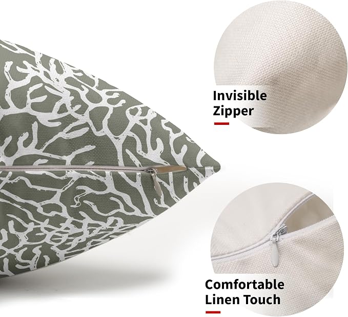 Nautical Coastal Coral Lumbar Pillow Covers 12x20 Inch Set of 2 Summer Ocean Beach Sage Green Decorative Pillow Cases Outdoor Linen Cushion Cover Farmhouse Decor for Bedroom Home Sofa Couch Bed