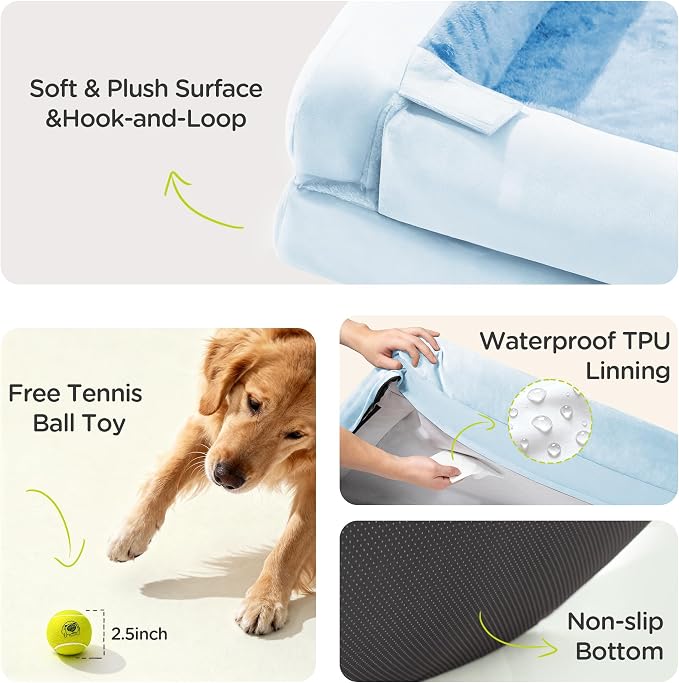 Waterproof Orthopedic Dog Bed for Extra Large Sized Dogs | Memory Foam Pet Bed Sofa with Bolster, Dog Couch with Washable Cover & Non-Slip Bottom, 45x35 Inch, Light Blue