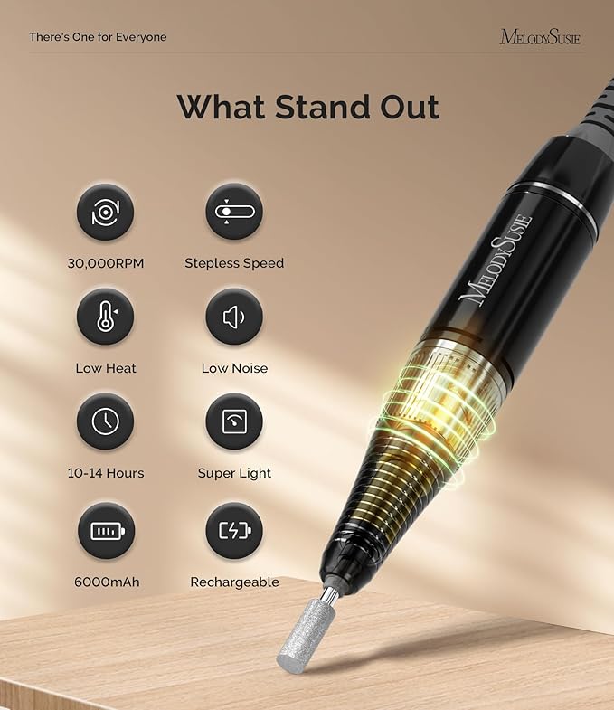 MelodySusie Entry-Level Clip-On Cordless Nail Drill, SC320H 30000RPM Popular Classic E-File with LCD Display for Manicure Shaping & Gel Removal, Perfect for Training, Nail Art Practice & Home Use