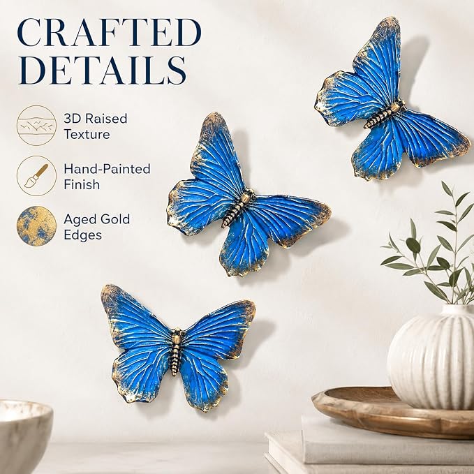 GUSFREUD 3D Butterfly Wall Decor Set – Resin Wall Decor for Living Room, Bedroom, Bathroom, Dining Room, Outdoor and Gallery Walls - Antique Blue - Set of 3