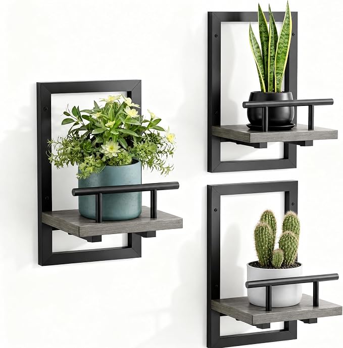 Sbosbo Floating Shelves for Wall Plant Shelf Indoor Wall Mounted Shelves | Wall Planters for Indoor Floating Plant Shelves for Bedroom, Living Room, Kitchen, Office, Bathroom Decor (Grey, 3 Pack)