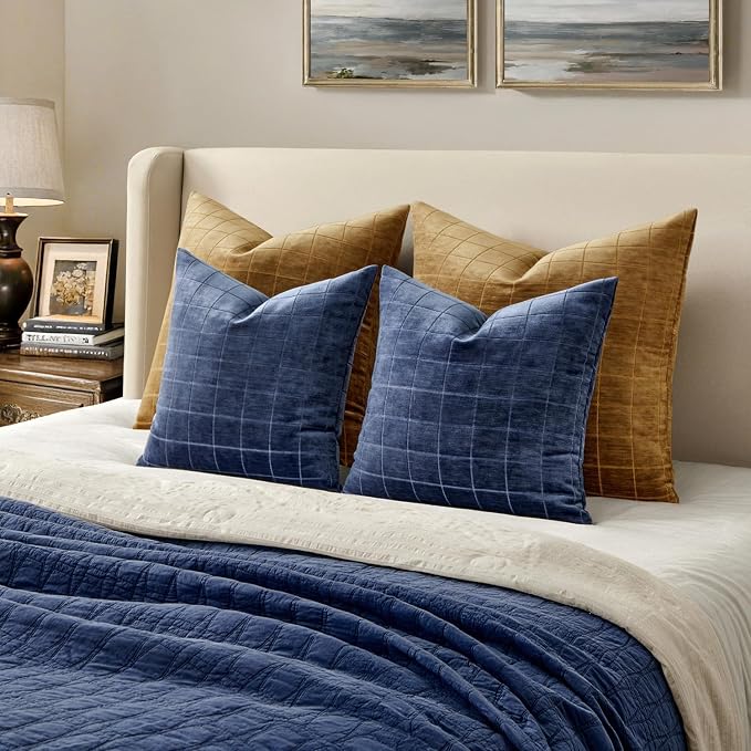 MIULEE Navy Blue Plaid Decorative Euro Throw Pillow Covers 22x22 Set of 2 | Vintage, Check Chenille Couch Pillows, Neutral Boho Farmhouse Cushion Covers, Modern Home Decor for Sofa Bed Living Room