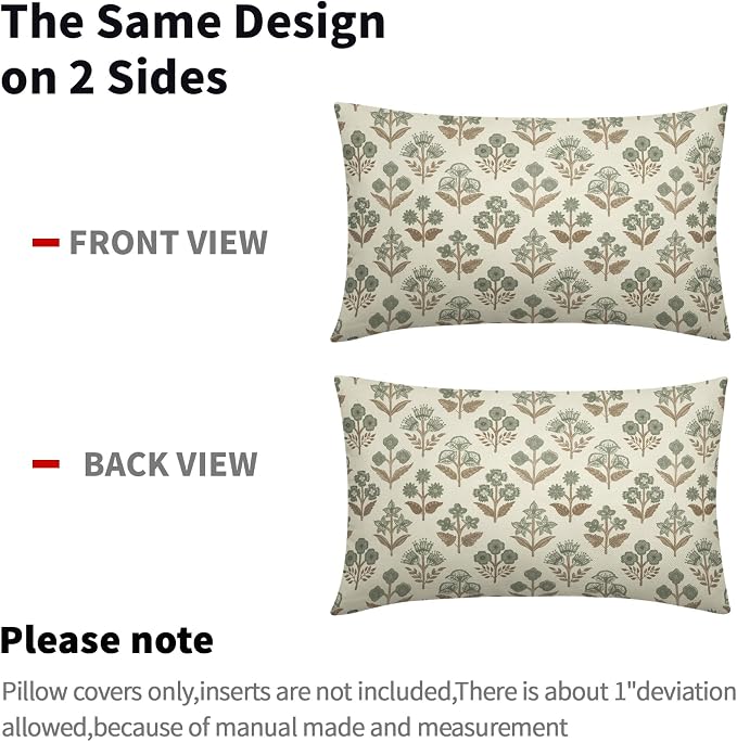 Brown Green Floral Pillow Covers 12x20 Inch Set of 2, Block Print Lumbar Flower Cream Decorative Throw Pillowcases Outdoor Farmhouse Rectangle Cushion Covers Spring Summer Sofa Couch Bed Decor