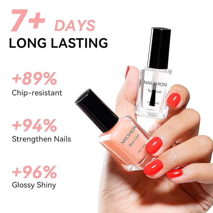 Clear Top Coat and Nude Base Coat Ridge Filler Strengthening Anti Chip Nail Polish, Non Gel, Rich in Castor Oil & Calcium, Salon Quality, Vegan, High Glossy Quick Dry Home DIY Nail Art Gift