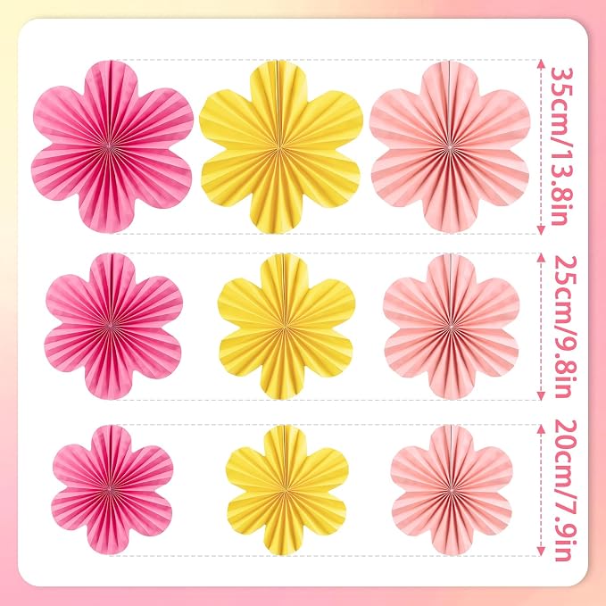 SUNBEAUTY Paper Flowers Decorations for Wall, Paper Flower Fan Classroom Decoration Paper Floral Backdrop Decor Paper Fans Decoration Hanging Paper Fans Pink Yellow Flower Wall Decor