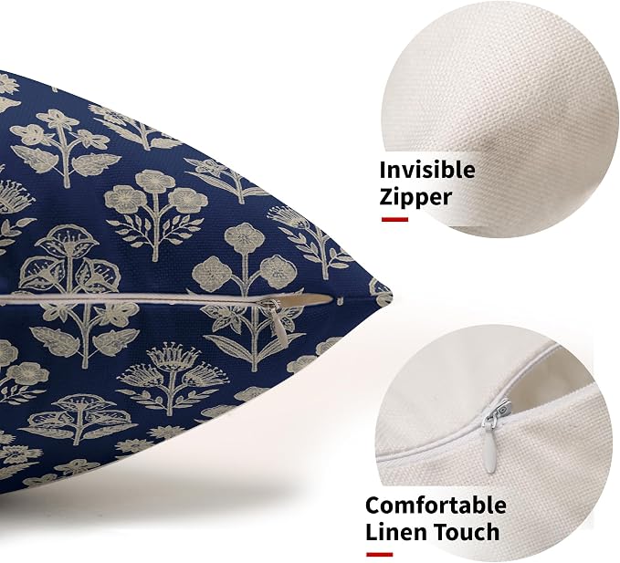 Dark Blue Pillow Covers 12x20 Inch Set of 2, Cream Floral Block Print Pattern Lumbar Decorative Throw Pillowcases Outdoor Farmhouse Rectangle Cushion Covers Spring Summer Sofa Couch Bed Decor