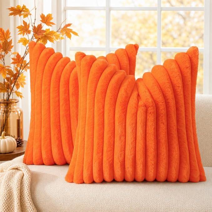 decorUhome Fall Faux Fur Throw Pillow Covers 16x16 Set of 2 Orange | Decorative Soft Cozy Striped Plush Modern Farmhouse Boho Couch Pillow Cases Velvet Back for Sofa Bed Living Room Home Decor