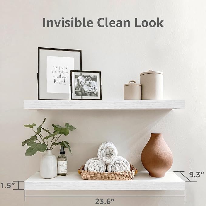 QEEIG Floating Shelves for Wall 23.6" Long - Wall Mounted Shelf Bathroom Kitchen Living Room Bedroom Farmhouse Home Decor Display Bookshelf Large 23.6 x 9.3 inch Set of 2, White (008-60W)