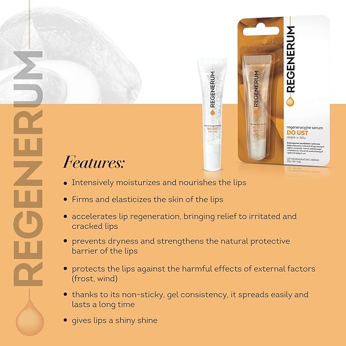 Regenerum - Regenerative Lip Serum Gel Oil - Intensive Hydration and Nourishment for Dry, Chapped Skin, 4 Precious Oils Blend - 8ml