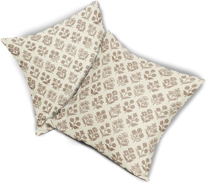 Brown Floral Pillow Covers 22x22 Inch Set of 2, Vintage Flower Block Print Pattern Decorative Throw Pillowcases Outdoor Farmhouse Cushion Covers Spring Summer Rustic Sofa Couch Bed Decor