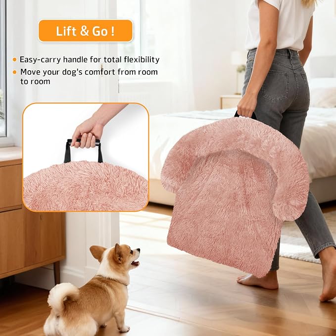 GGIB Calming Dog Bed Fluffy Plush Dog Mat for Furniture Protector with Removable Washable Cover for Large Medium Small Dogs and Cats (Large, Pink)