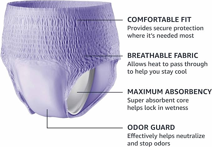 Amazon Basics Incontinence Underwear for Women, Maximum Absorbency, Fresh Protection, Postpartum, Disposable, Odor Protection, Comfortable Fit, Large, Lavender, 54 Count (3 Packs of 18)