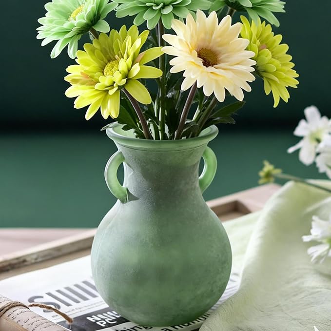 Green Glass Vase with Handles, 7.5 Inch Rustic pottery Style Flower Vase, Vintage Decorative Round Bud Jar for Dried Flowers, Earthy Aesthetic Centerpiece for Modern Farmhouse & Boho Spring Home Decor