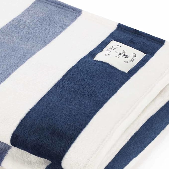 Nautica - Fleece Throw Blanket for Couch 50x60, Ultra Soft Plush Micro Flannel Throw, Lightweight Warm Cozy Blanket, Americana Decor, Perfect for Sofa, Bed, Living Room (Awning Stripe Blue)